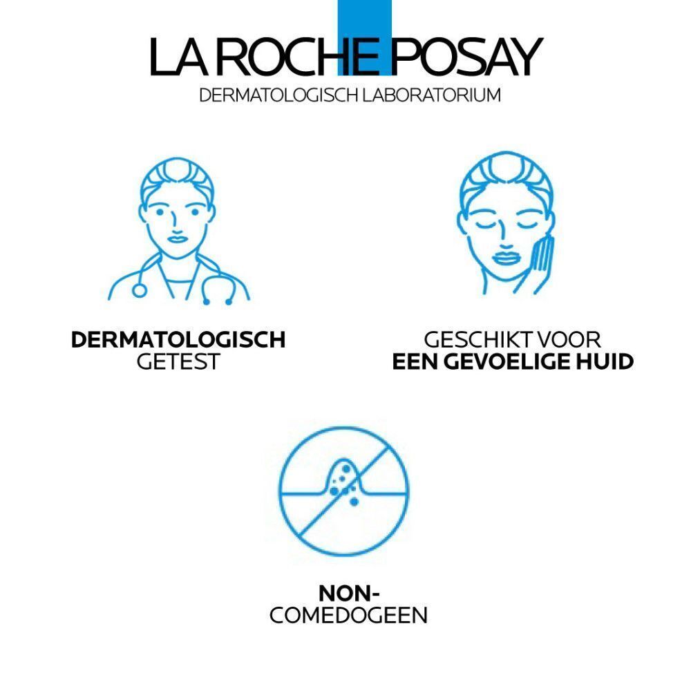 La Roche-Posay logo en iconen: dermatologisch getest, geschikt voor gevoelige huid, niet-comedogeen.