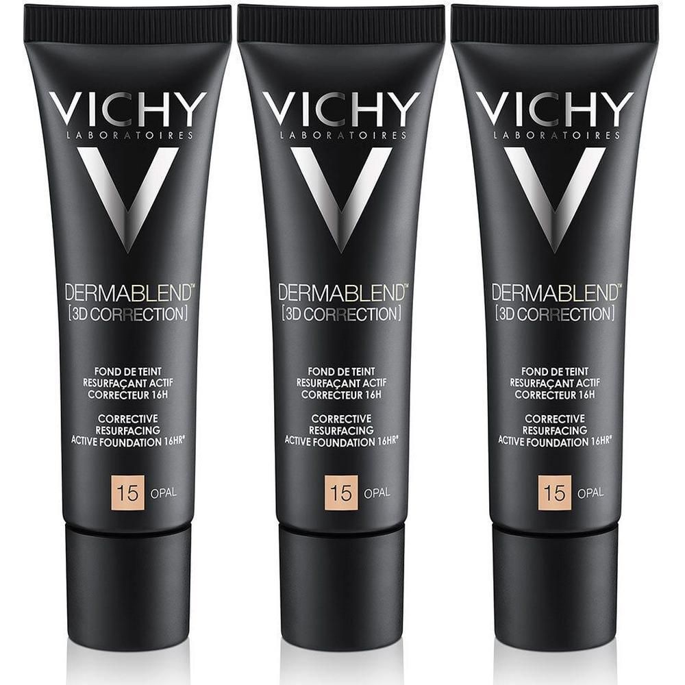 Drie zwarte foundation tubes. Wit logo en productinformatie. Tint 15 Opal.