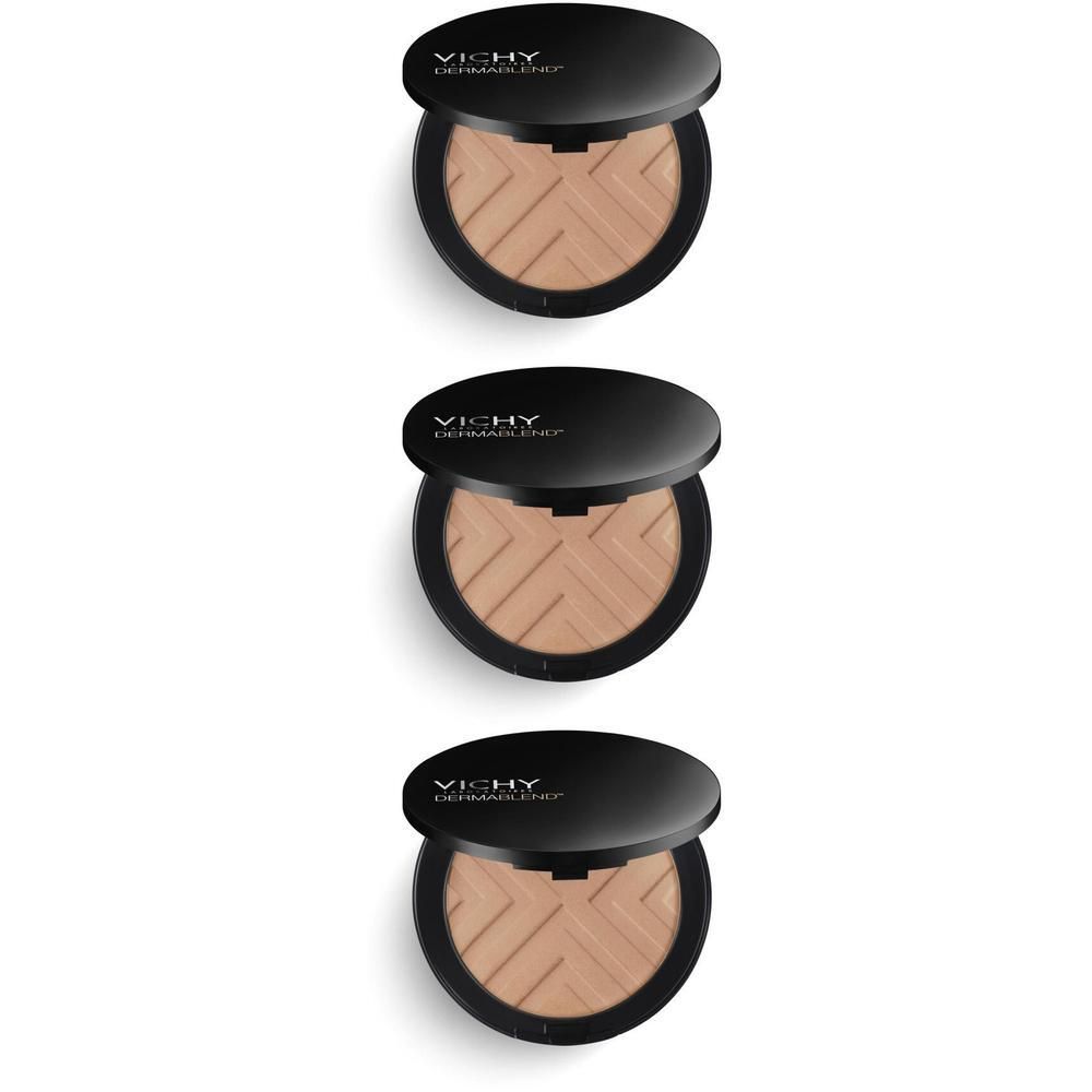 Trois poudres compactes Vichy Dermablend Covermatte 45 Gold. Boîtier noir avec couvercle ouvert. Poudre visible avec motif géométrique.