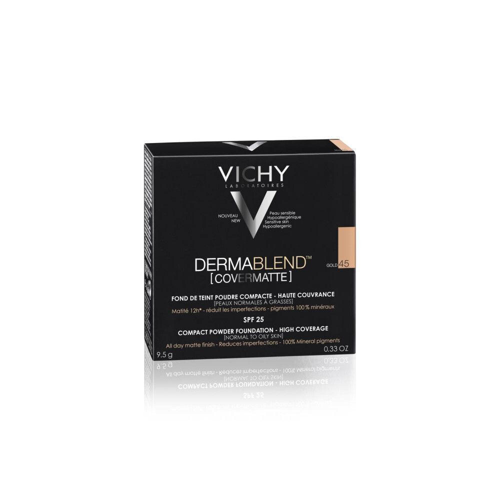 Poudre compacte Vichy Dermablend Covermatte 45 Gold dans un emballage noir. Texte sur l'emballage. Teinte 45 Gold.