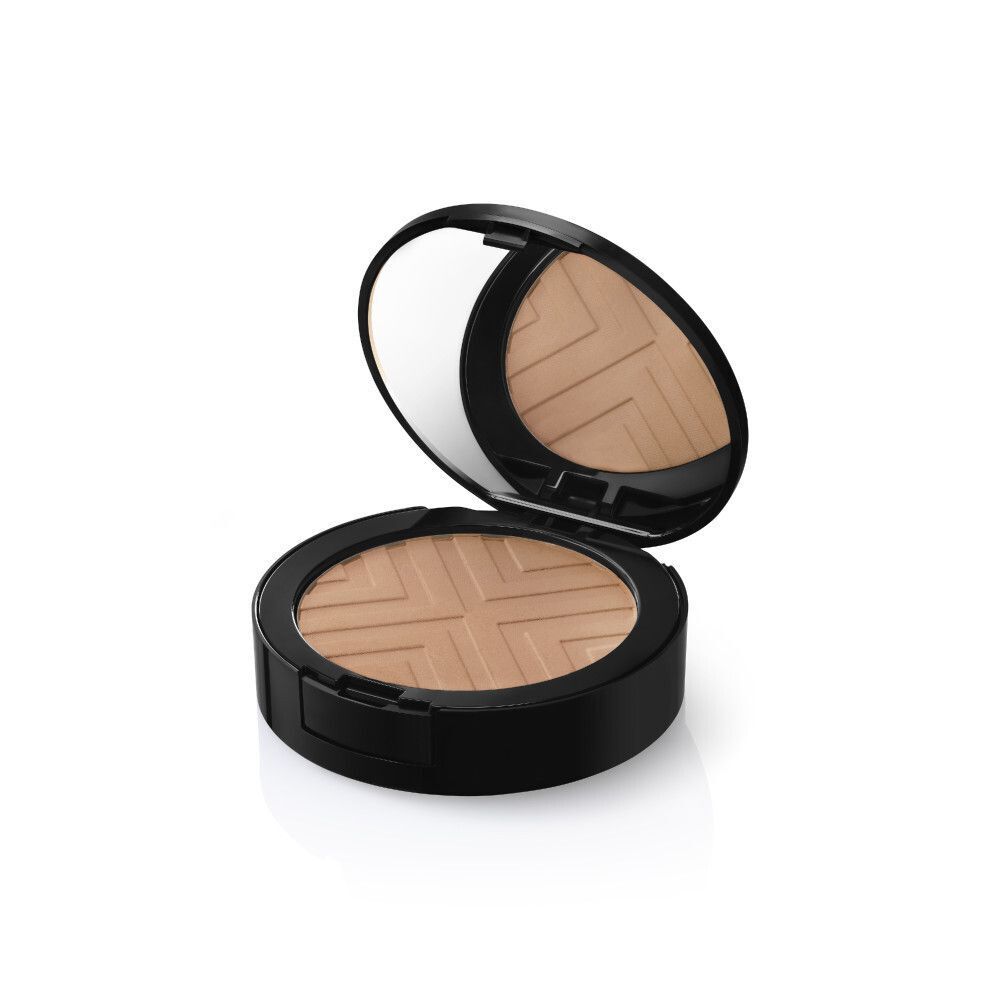 Poudre compacte Vichy Dermablend Covermatte 45 Gold avec couvercle ouvert. Boîtier noir avec miroir. Poudre visible avec motif.