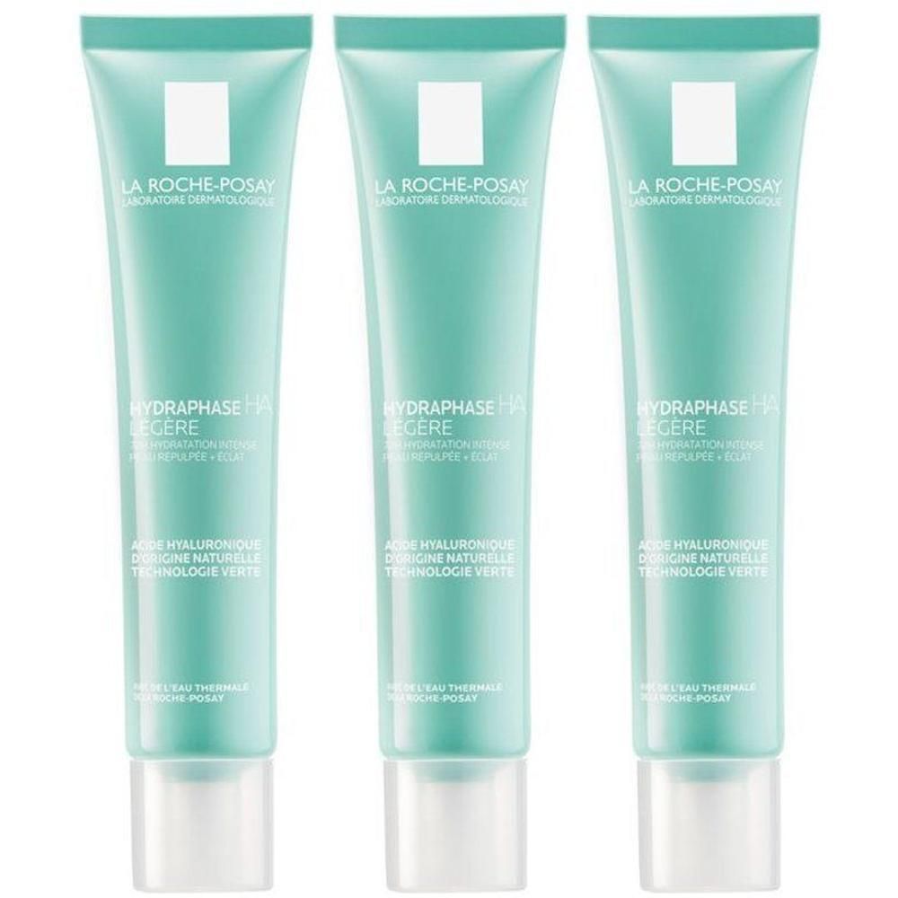 Trois tubes de La Roche-Posay Hydraphase HA Crème de Jour Légère, vert clair, bouchon blanc.