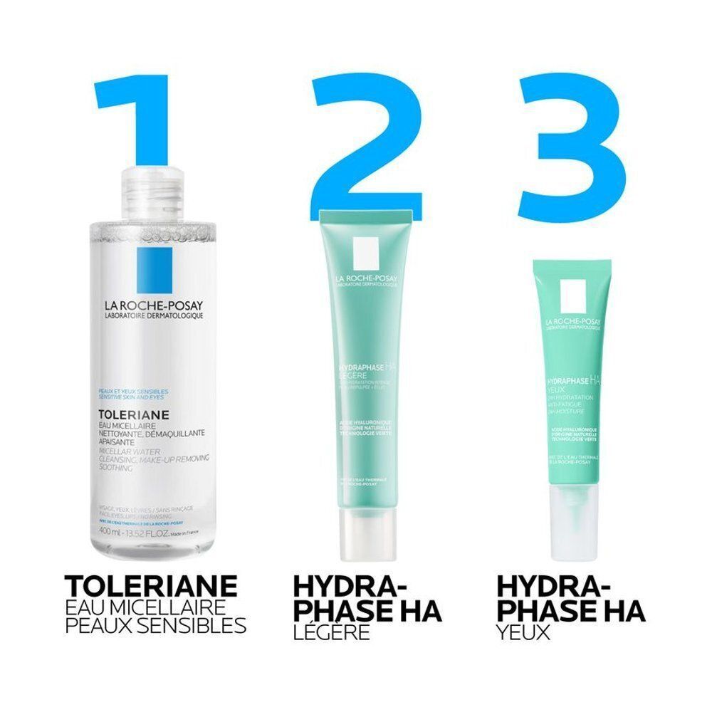 Trois produits : La Roche-Posay Toleriane, Hydraphase HA Légère et Hydraphase HA Yeux.