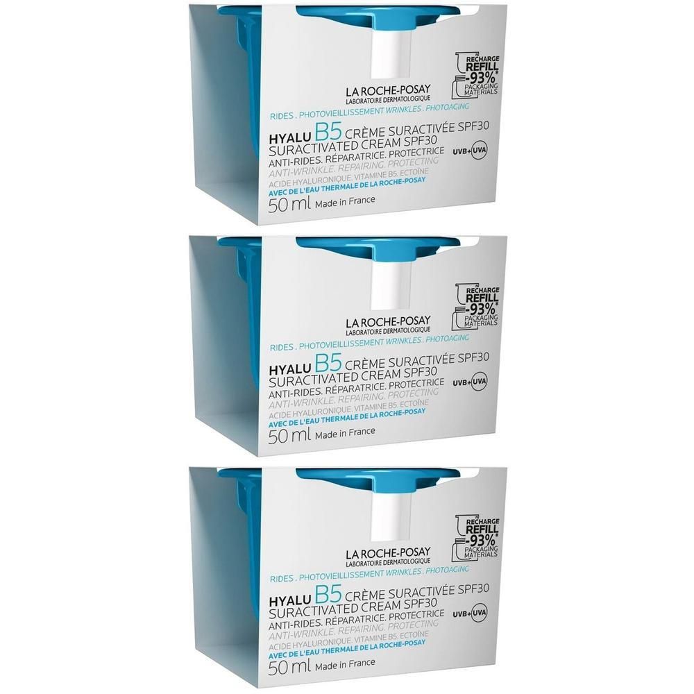 Drie dozen La Roche-Posay Hyalu B5 Crème Suractivée SPF30. Witte dozen met blauw deksel en productinformatie.