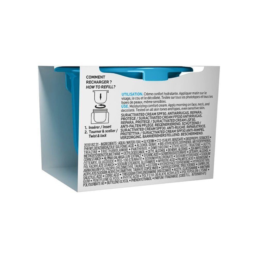 Dos d'un emballage avec informations produit et instructions de recharge. Éléments bleus et blancs.