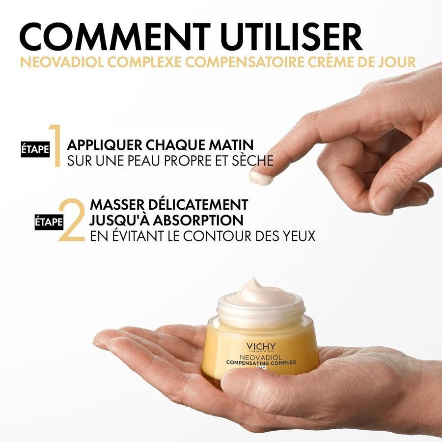Main avec crème sur doigt. Pot de crème Vichy Neovadiol Compensating Complex Day. Texte: Comment utiliser.