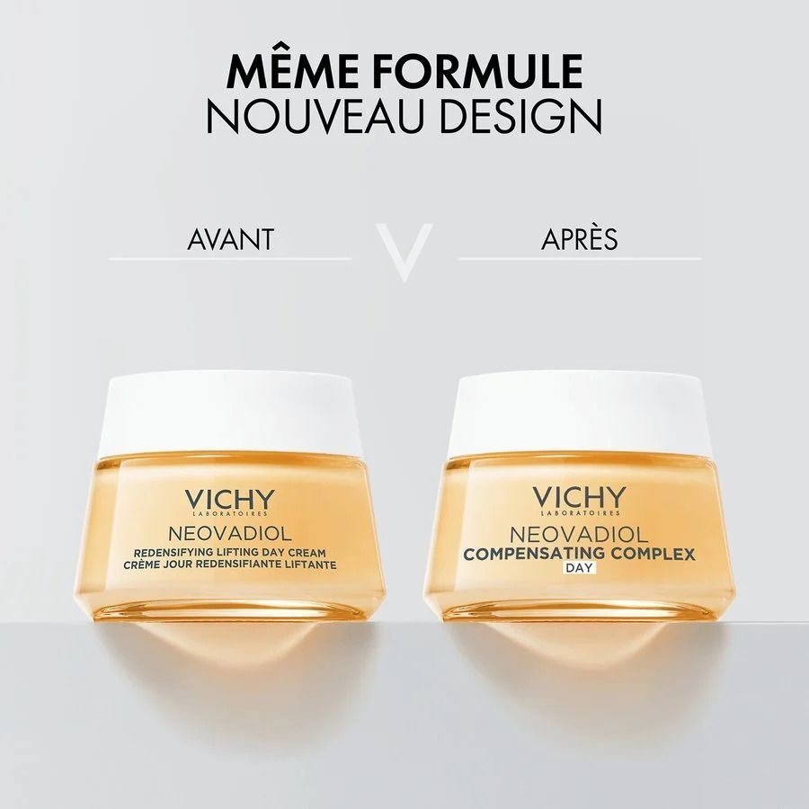 Comparaison avant-après. Deux pots Vichy Neovadiol. Texte: Même formule, nouveau design.