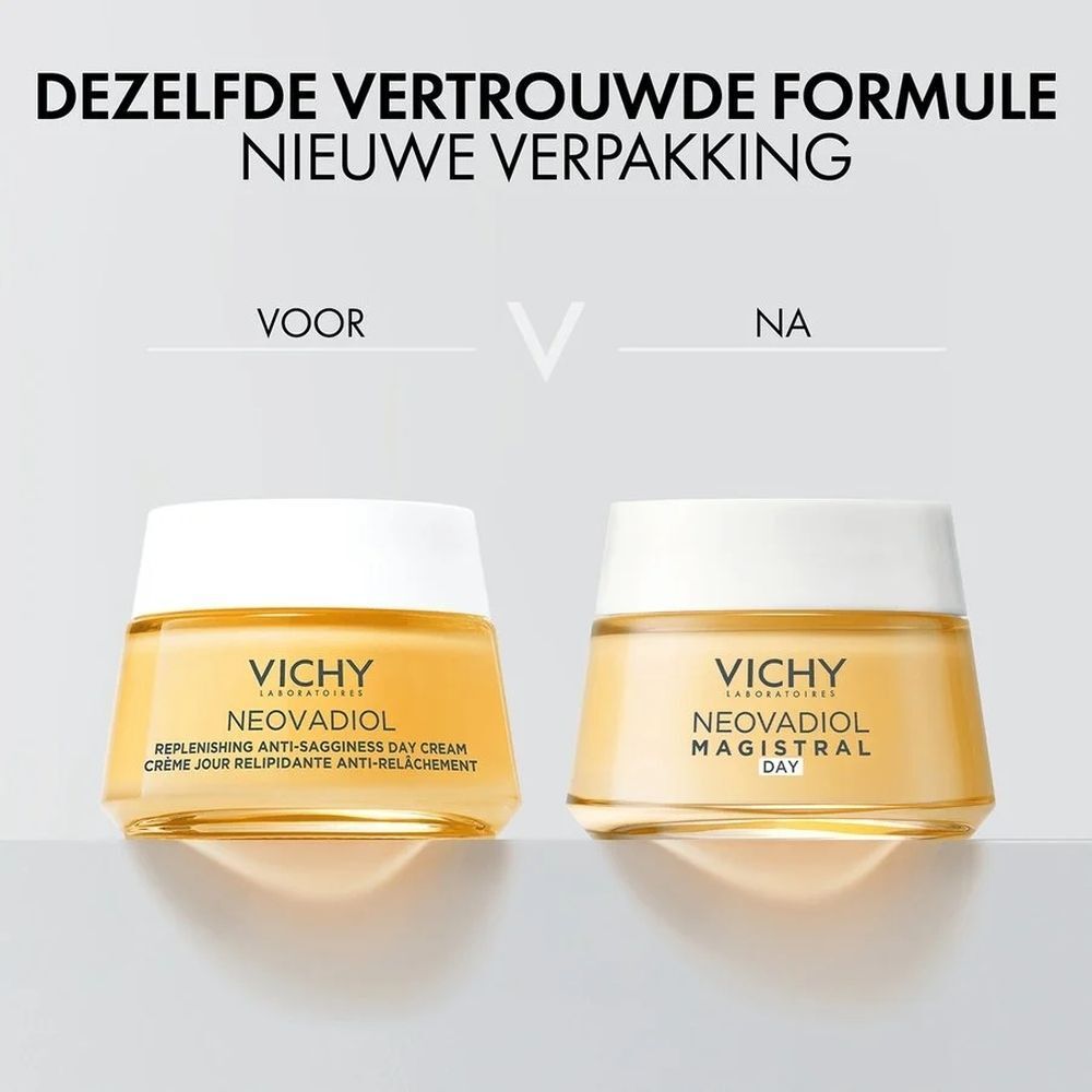 Voor-na vergelijking. Twee Vichy Neovadiol potten. Tekst: Dezelfde vertrouwde formule, nieuwe verpakking.