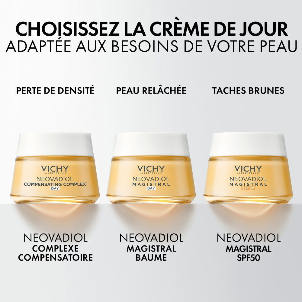 Trois pots Vichy Neovadiol. Texte: Choisissez la crème de jour adaptée aux besoins de votre peau.