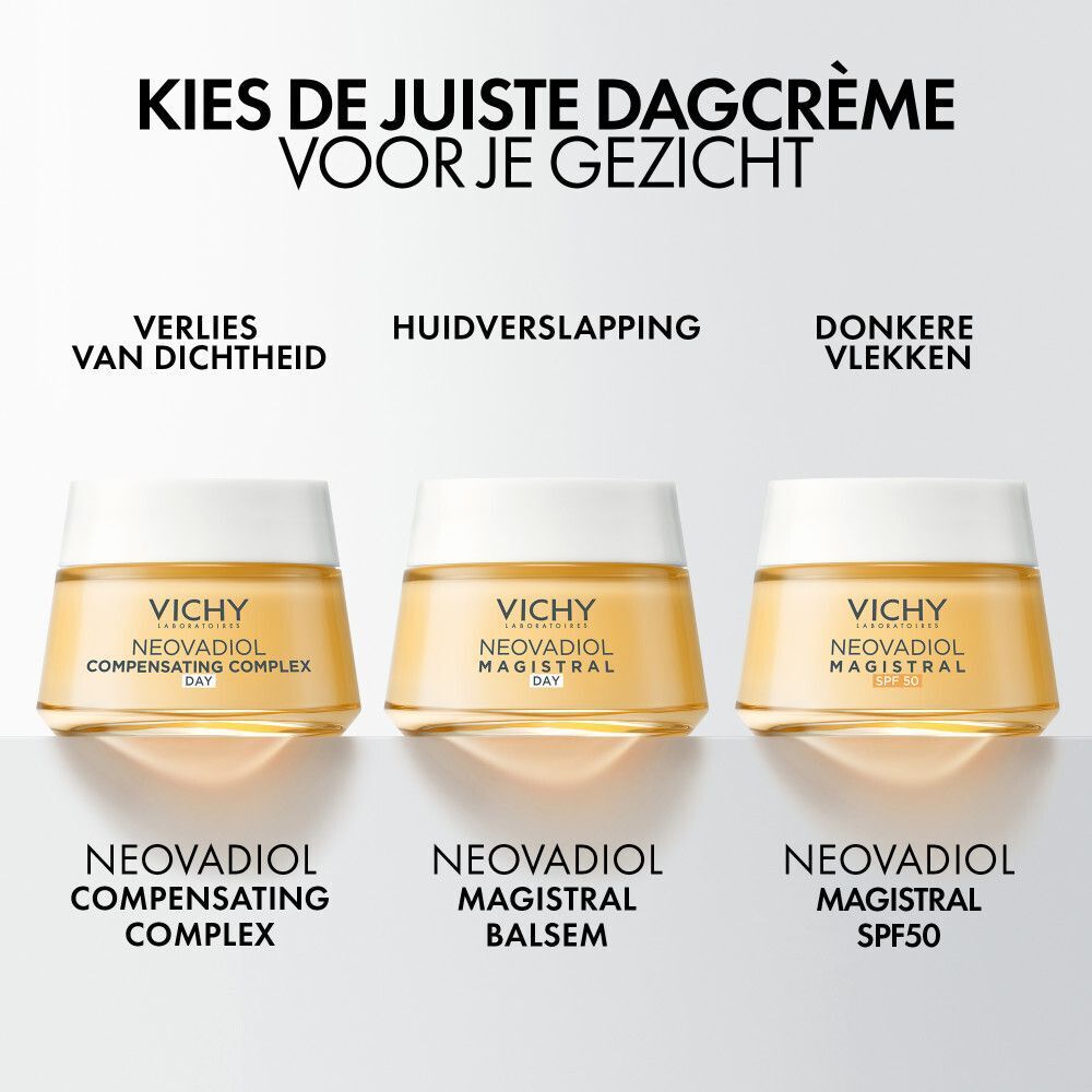 Drie Vichy Neovadiol potten. Tekst: Kies de juiste dagcrème voor je gezicht.