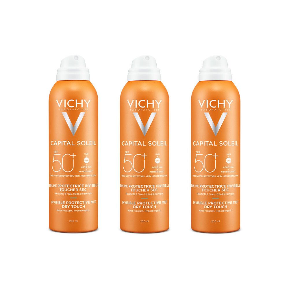 Trois sprays orange. Inscriptions: VICHY, CAPITAL SOLEIL, SPF 50+. Texte: Brume Protectrice Invisible Toucher Sec.