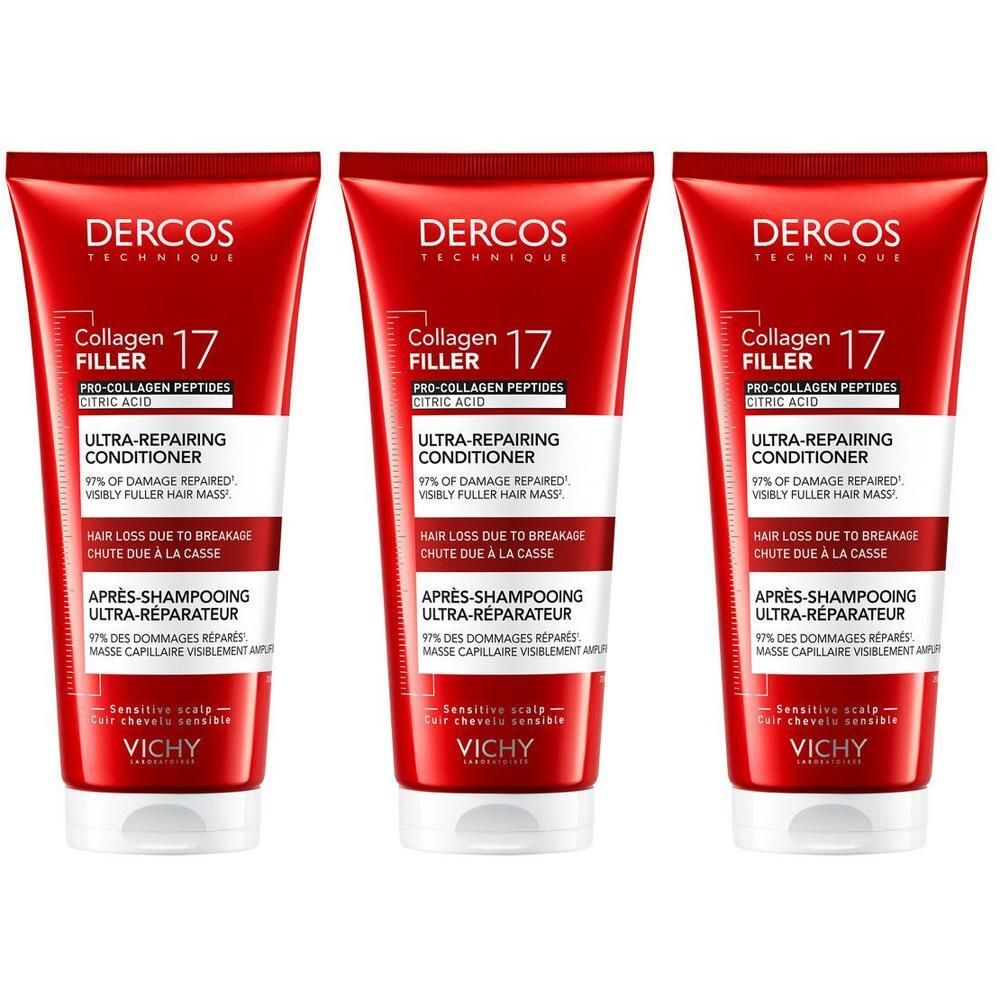 Drie rode Dercos Collagen 17 Conditioner tubes. Opschrift: Ultra-Repairing Conditioner.