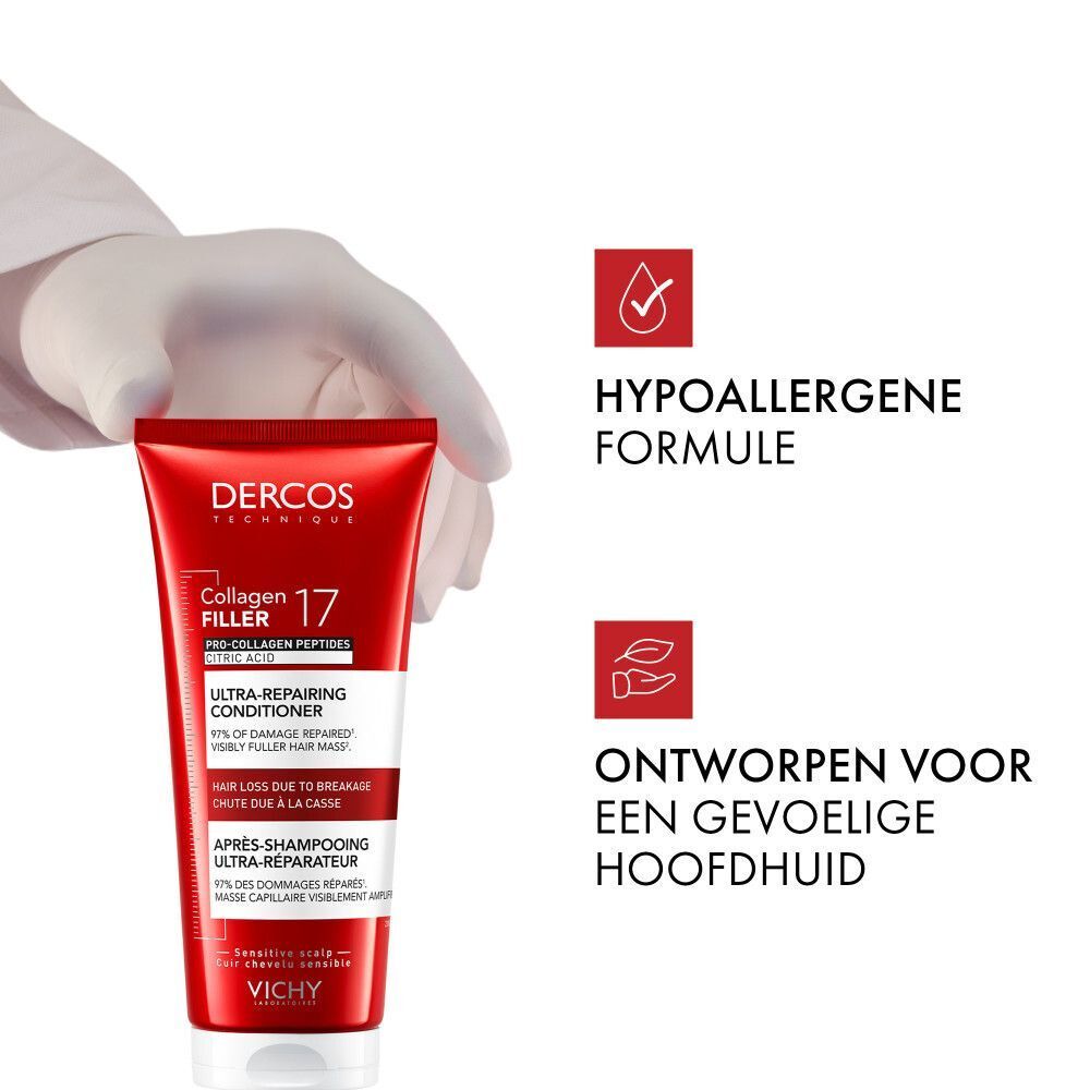 Gehandschoende hand houdt een Dercos Collagen 17 tube vast. Tekst: Hypoallergene formule.