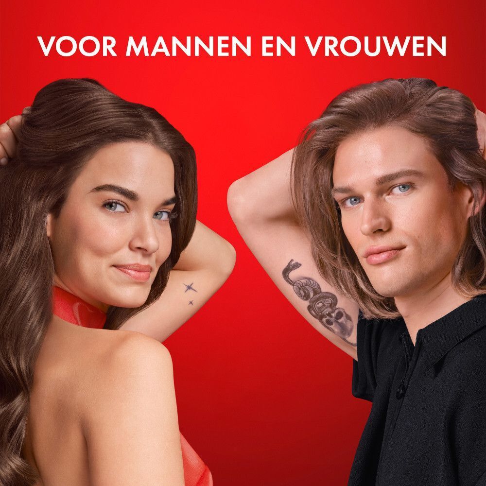 Twee personen, vrouw en man, met haar. Tekst: Voor mannen en vrouwen.