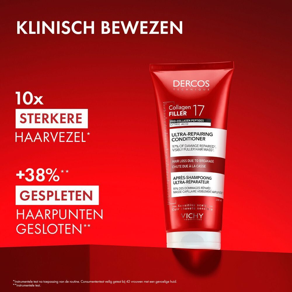 Dercos Collagen 17 tube. Tekst: Klinisch bewezen. 10x sterkere haarvezel.
