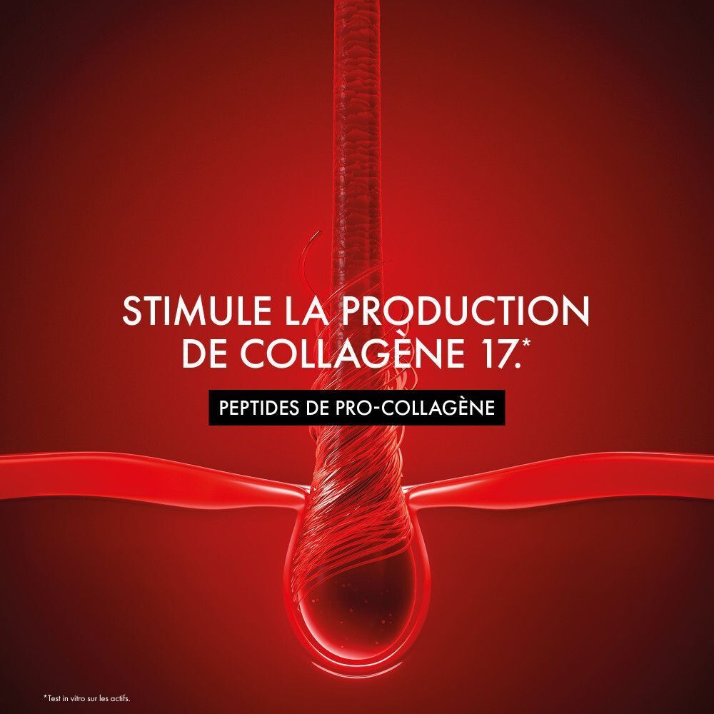 Mèche de cheveux. Texte : Stimule la production de collagène 17. Peptides de pro-collagène.