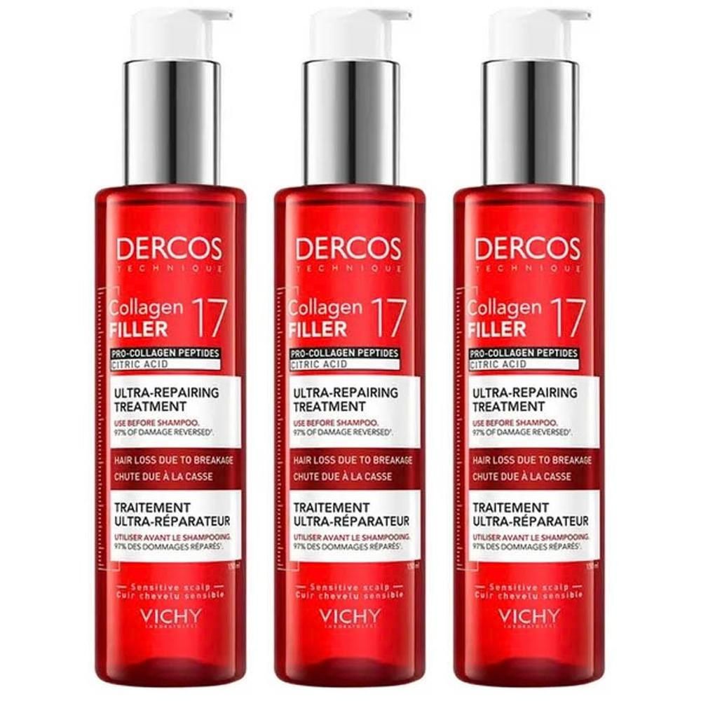 Drie flessen Dercos Collagen 17 Filler. Rode flessen met zilveren pompkop. Tekst: Ultra-Repairing Treatment, Vichy.