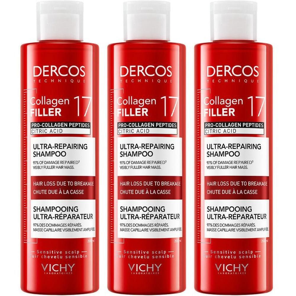 Drie shampoo flessen. Rode flessen met wit etiket. Tekst: Dercos, Collagen 17 Filler, Ultra-Reparateur.