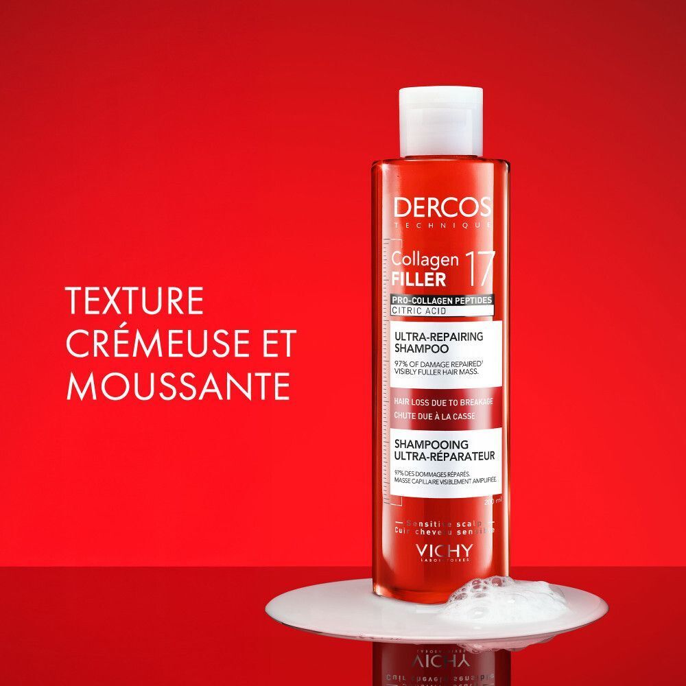 Flacon de shampooing sur surface blanche. Texte: Dercos, Collagen 17 Filler, Ultra-Réparateur, Texture crémeuse et moussante.