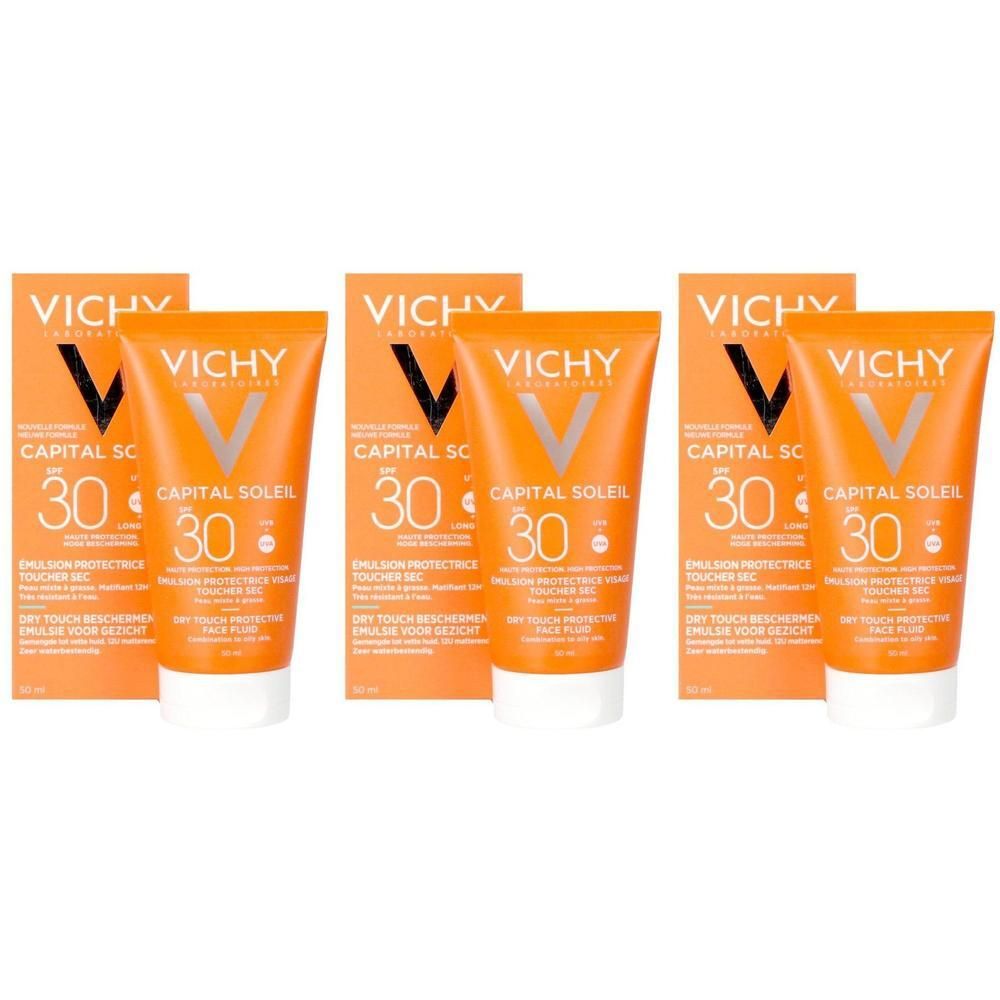 Trois tubes et emballages. Vichy Capital Soleil SPF30. Texture sèche. Peaux mixtes à grasses. Couleur orange.