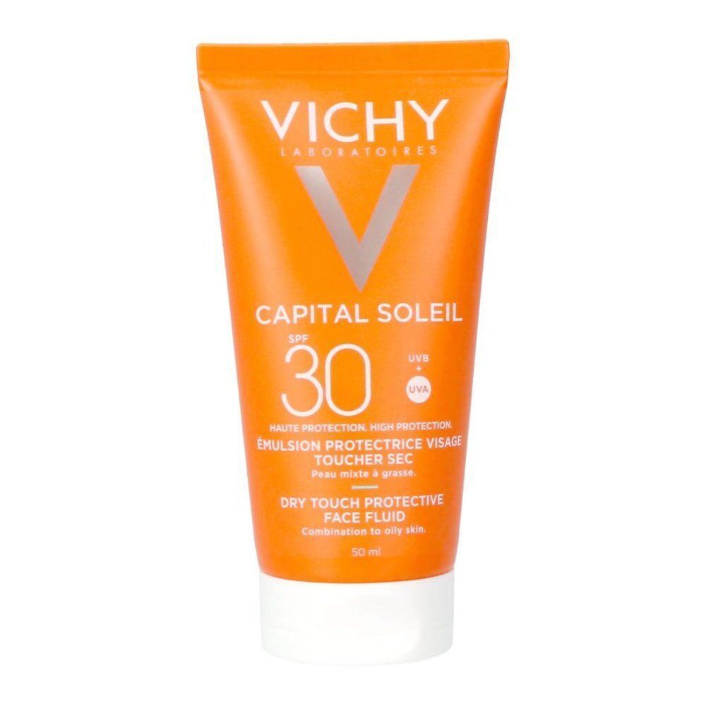 Tube orange. Vichy Capital Soleil SPF30. Texture sèche. Peaux mixtes à grasses. Bouchon blanc.
