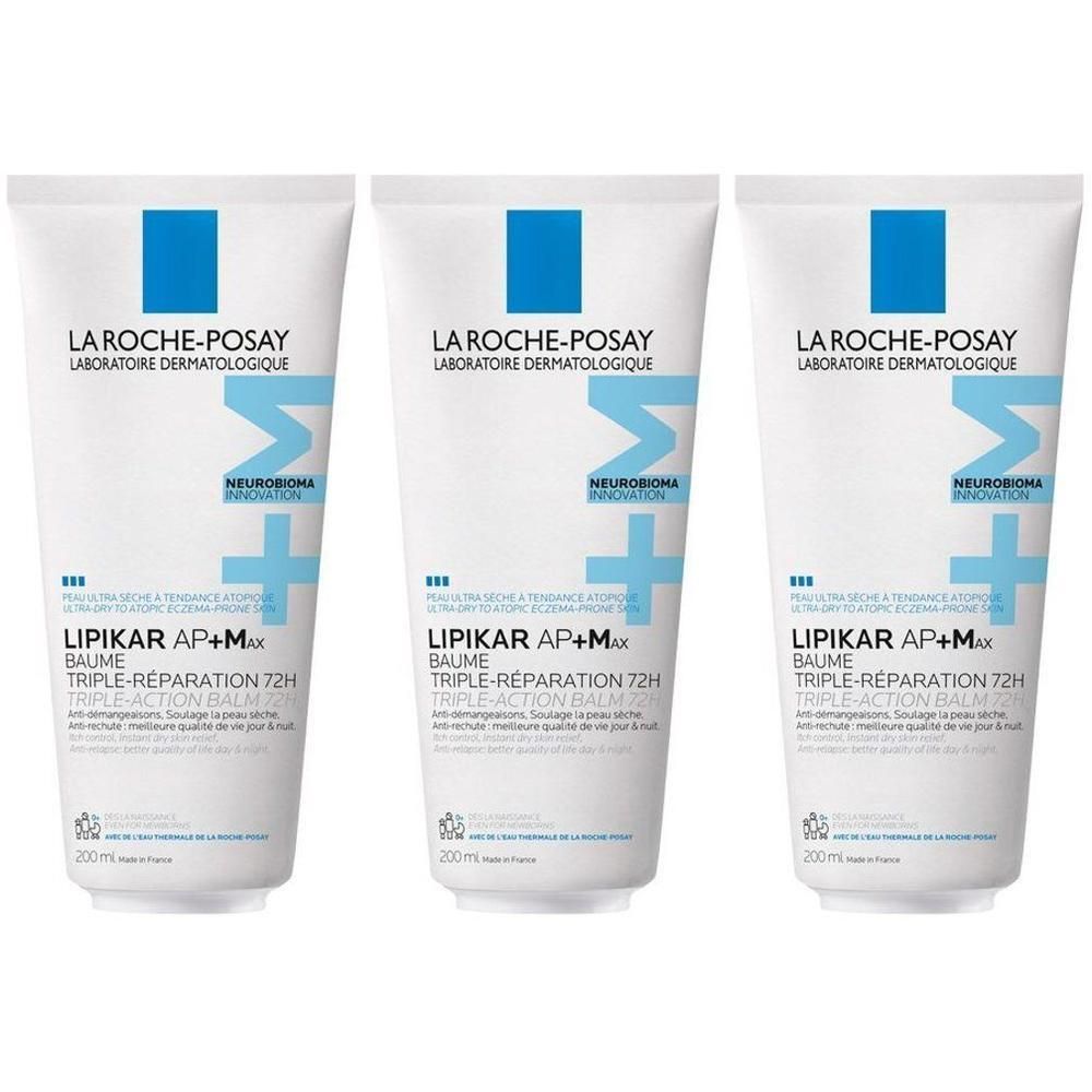 Drie tubes La Roche-Posay Lipikar AP+M Baume. Witte tubes met blauw logo en tekst. 200ml.