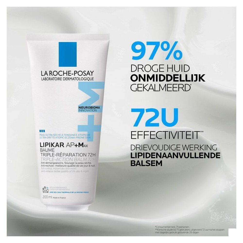 La Roche-Posay Lipikar AP+M Baume tube. Tekst: 97% droge huid, 72U effectiviteit.