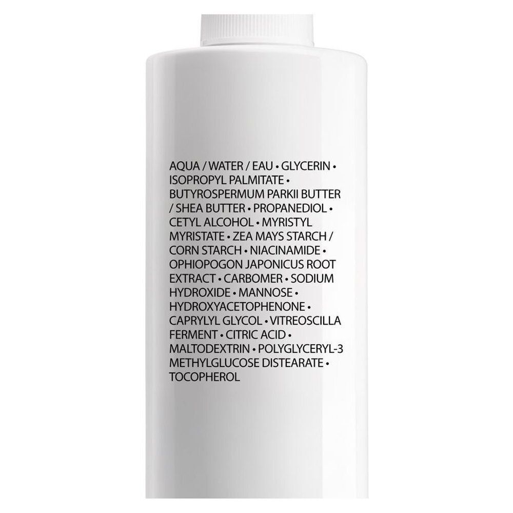 Achterkant van een witte fles met ingrediënten van La Roche-Posay Lipikar AP+M Crème Light.
