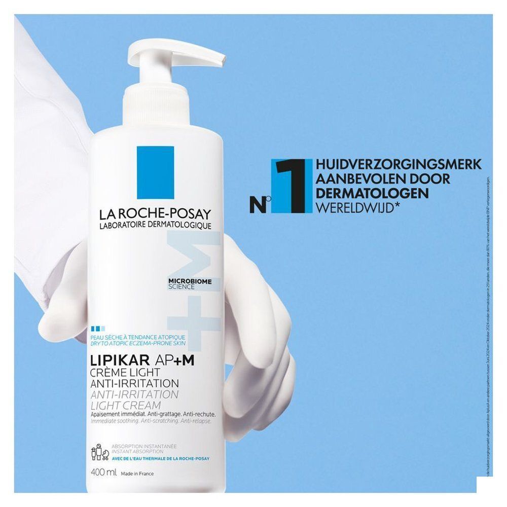 Flacon La Roche-Posay Lipikar AP+M Crème Light avec logo bleu. Texte : Soin de la peau n°1 dans le monde.