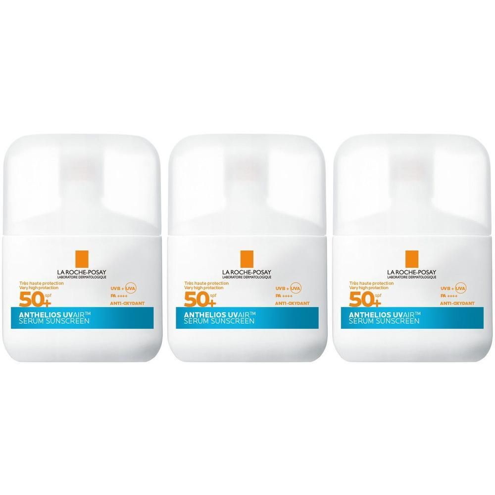 Trois flacons blancs avec étiquettes bleues et blanches. Inscription: Anthelios UVAIR SPF50+.
