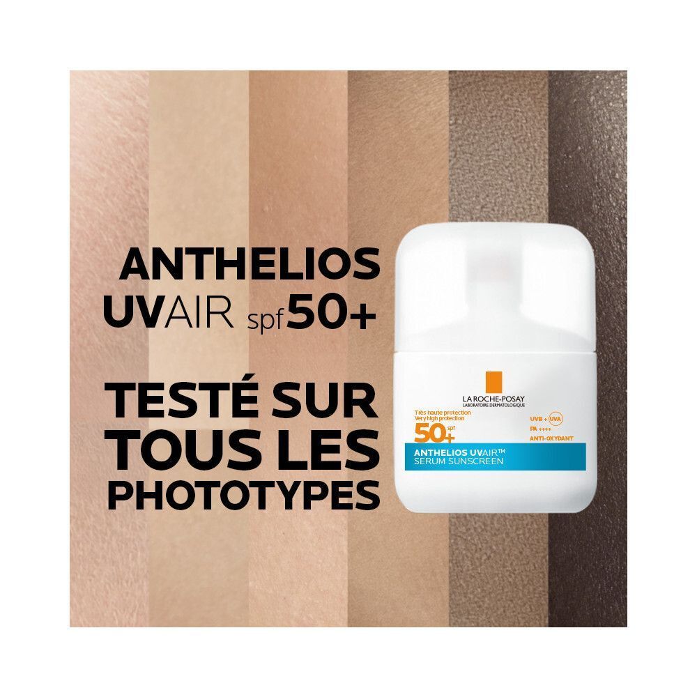 Un flacon Anthelios UVAIR SPF50+ à côté d'échantillons de teintes de peau. Texte: Testé sur tous les phototypes.