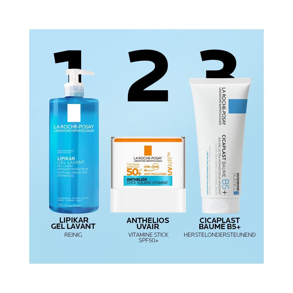 Drie La Roche-Posay producten: Lipikar Gel Lavant, Anthelios UVair stick, Cicaplast Baume B5+.