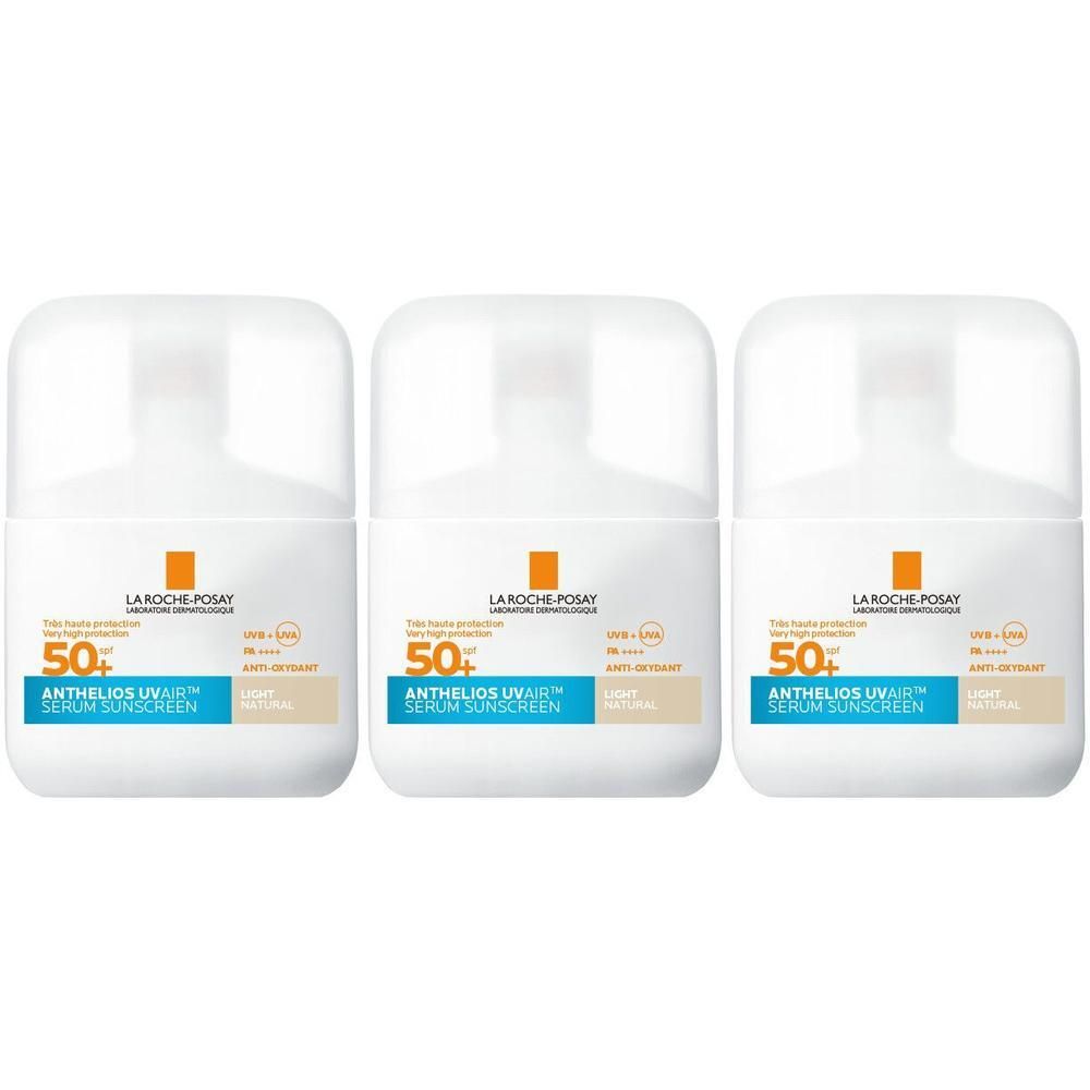 Trois flacons de sérum solaire La Roche-Posay Anthelios UVAIR SPF50+. Flacons blancs, logo orange et texte bleu.