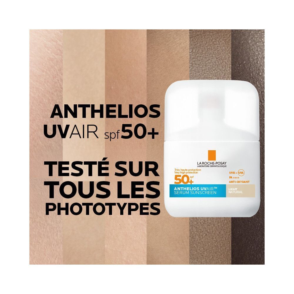 Sérum La Roche-Posay Anthelios UVAIR SPF50+. Comparaison de couleurs. Produit blanc avec texte.