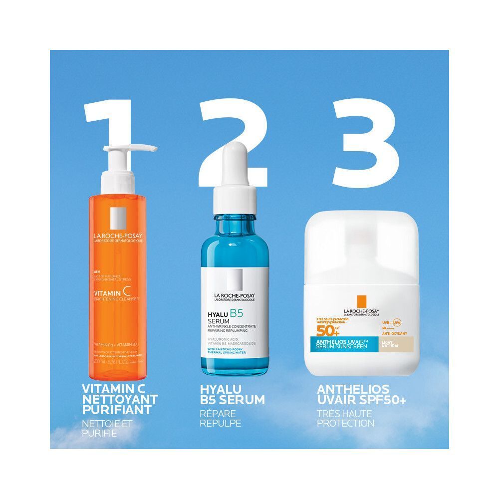 Trois produits : nettoyant à la vitamine C, sérum Hyalu B5, sérum La Roche-Posay Anthelios UVAIR SPF50+.
