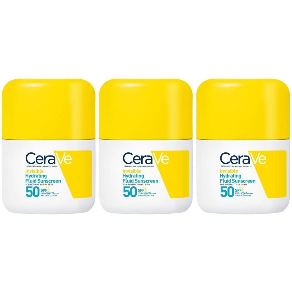 Drie witte flacons met gele doppen. Op elke flacon staat "CeraVe Hydrating Fluid Sunscreen 50". 