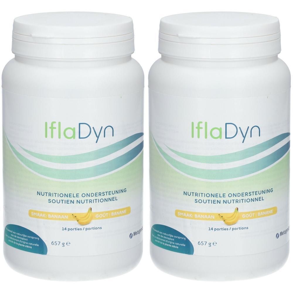 Twee witte flessen IflaDyn Banane. Opschrift: Nutritionele Ondersteuning, Soutien Nutritionnel, 14 porties, 657g.
