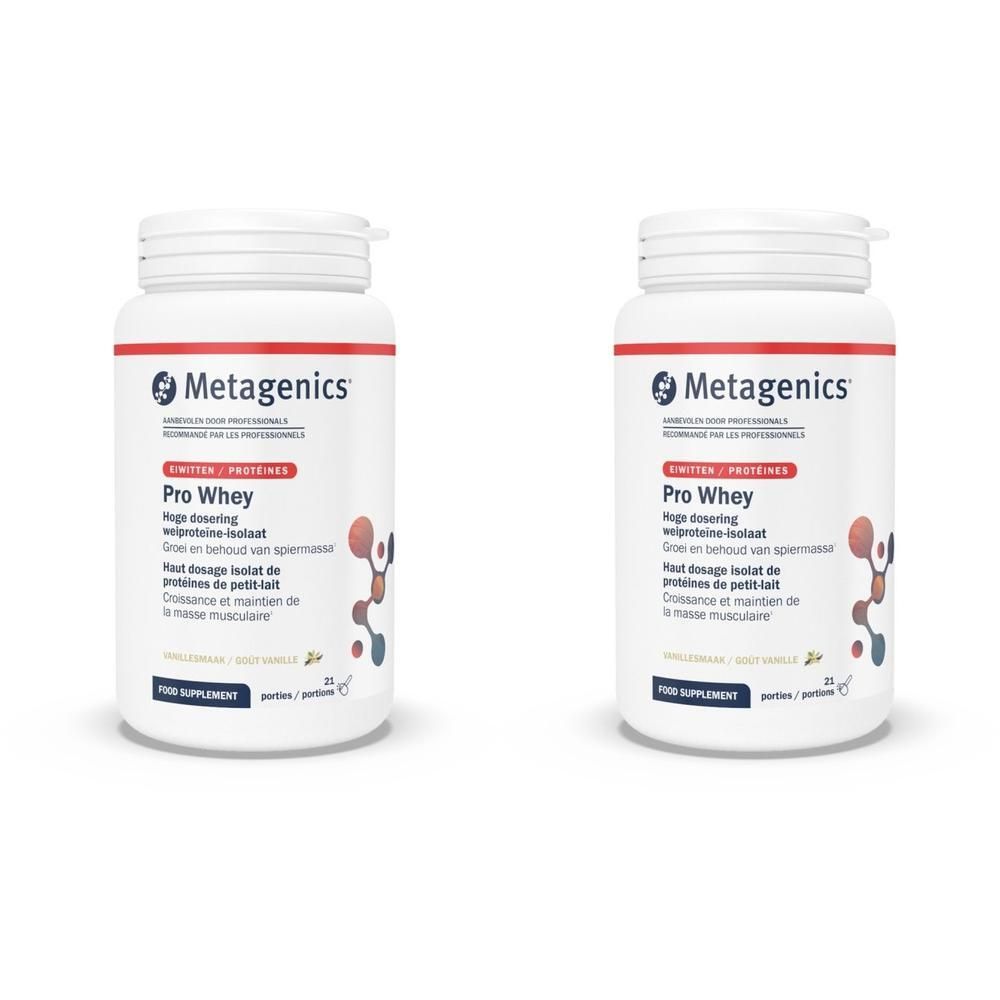 Twee witte flessen met rode en zwarte tekst. Opschrift: Metagenics, Pro Whey, 25 porties.