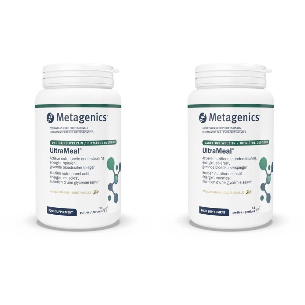 Deux bouteilles blanches avec l'étiquette "Metagenics UltraMeal". Inscription : "Actieve nutritionele ondersteuning".