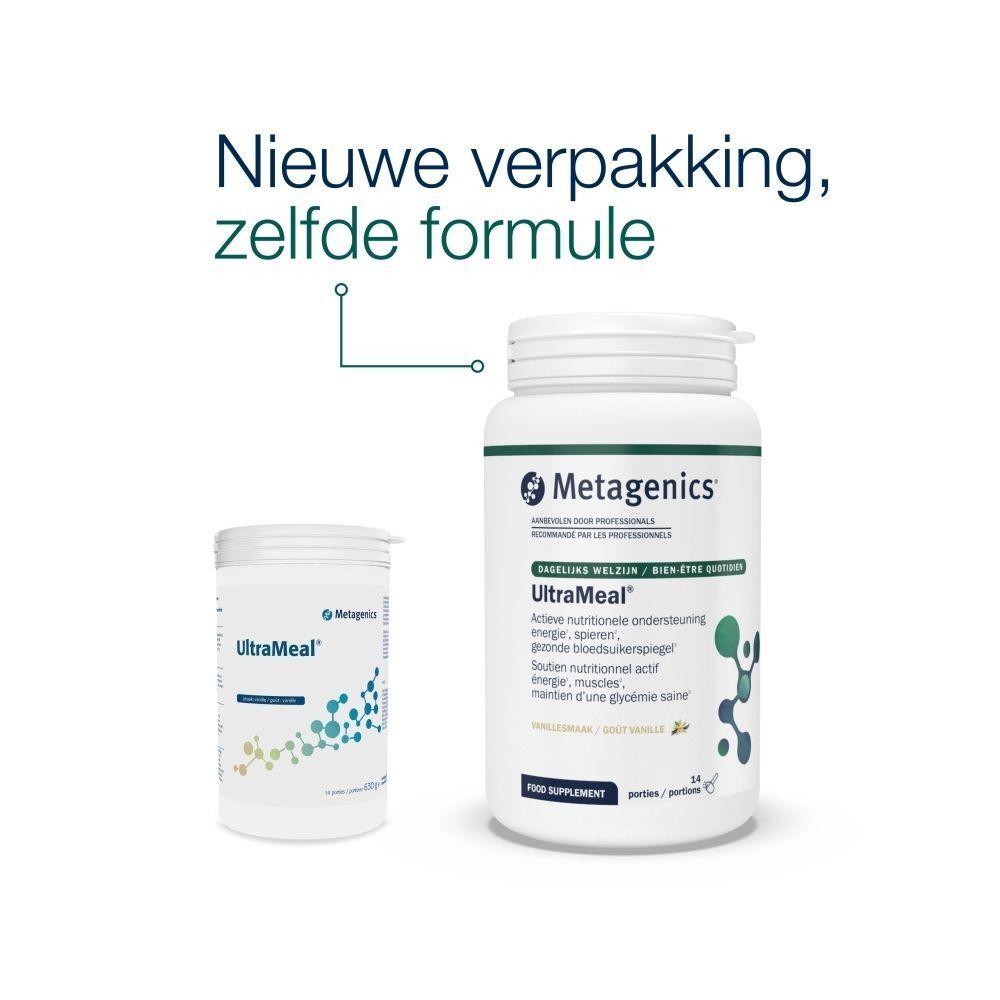 Een fles en een pot "UltraMeal" naast de tekst: "Nieuwe verpakking, zelfde formule".