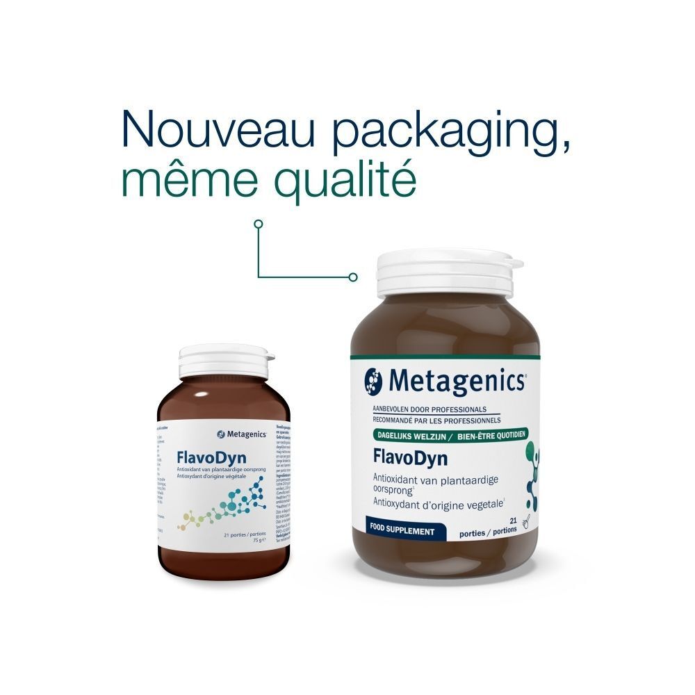 Emballage de Metagenics Flavodyn. Une petite et une grande bouteille. Inscription: Flavodyn, antioxydant. Texte: Nouveau packaging, même qualité.