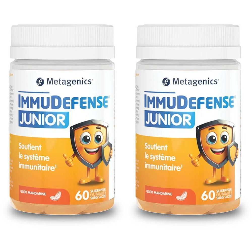 Deux flacons de Metagenics ImmuDefense Junior. Étiquettes oranges avec nom et mascotte. 60 gommes.