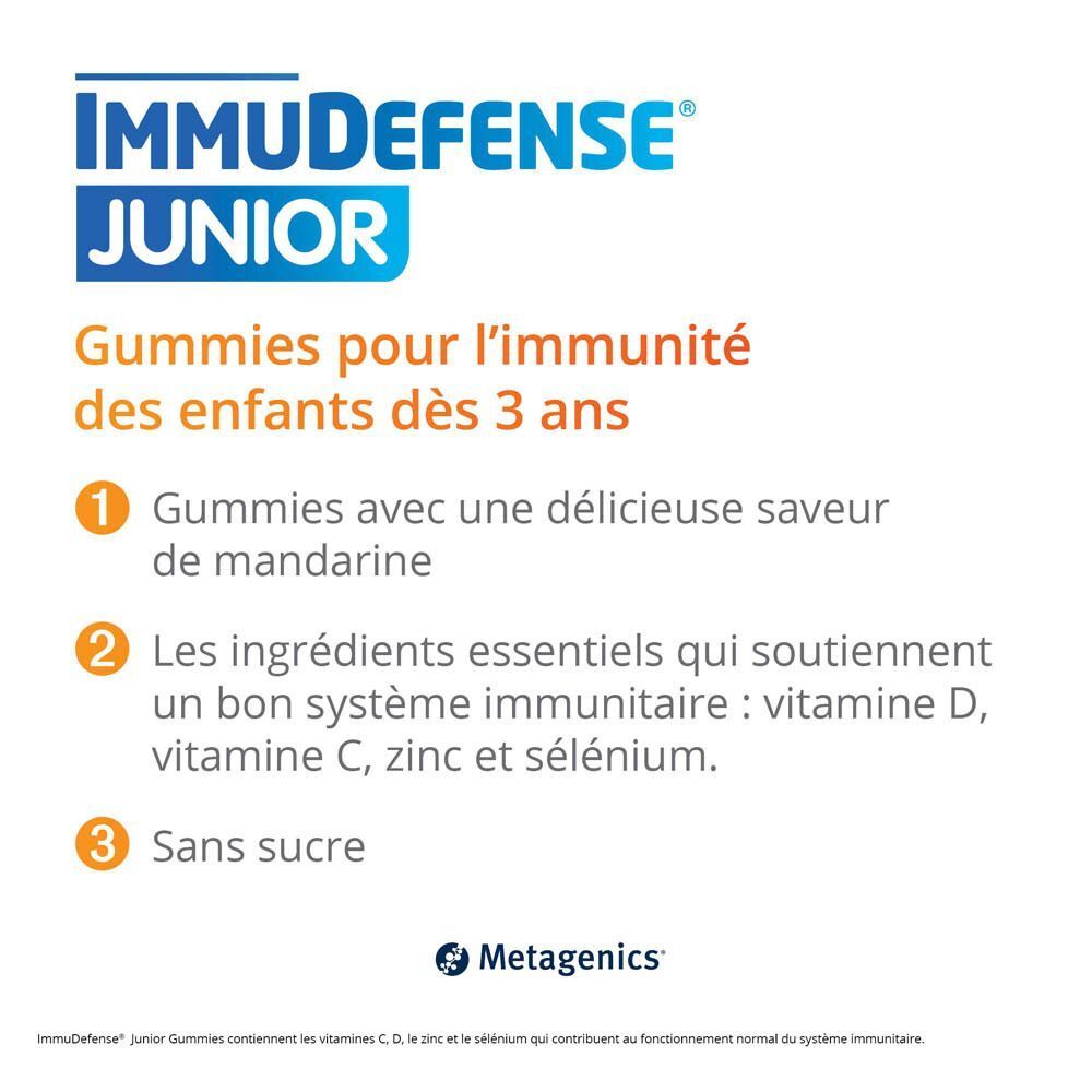 Texte avec informations sur ImmuDefense Junior. Gommes pour enfants dès 3 ans. Ingrédients : vitamines D, C, zinc, sélénium.