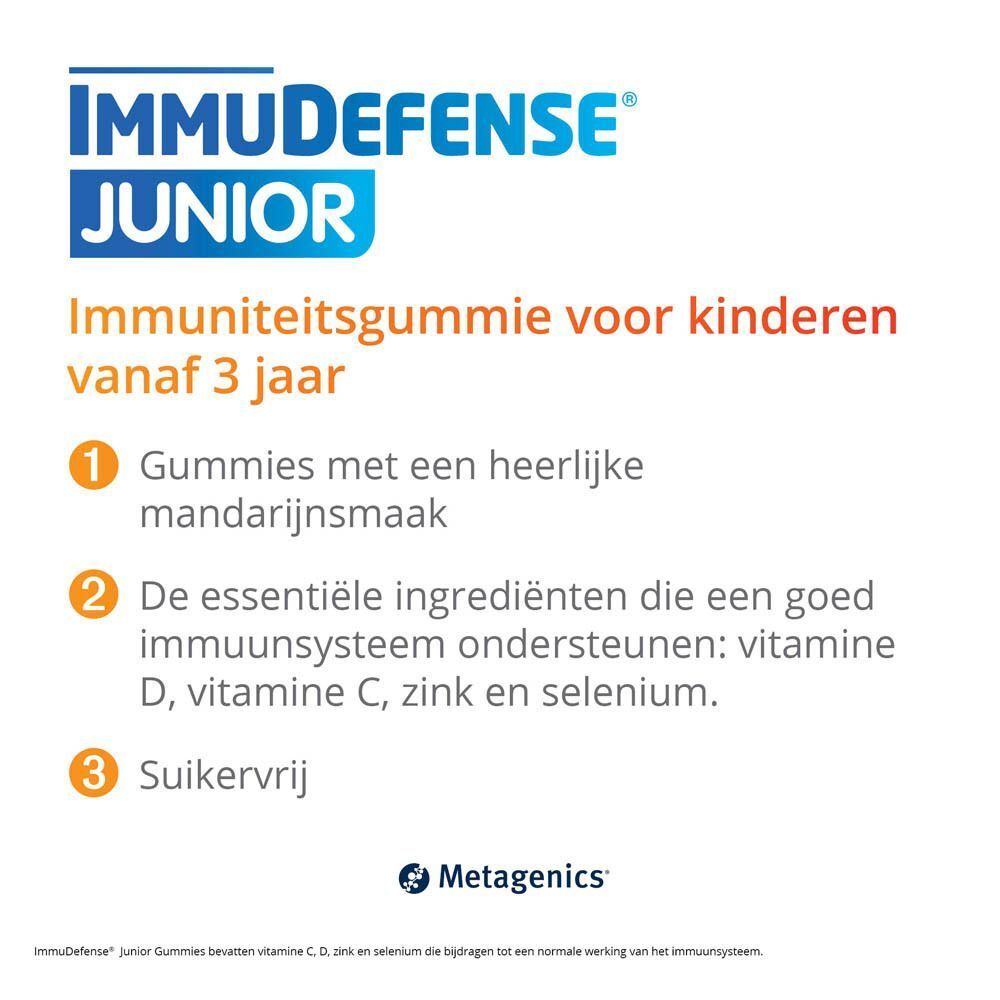 Tekst met informatie over ImmuDefense Junior. Gummies voor kinderen vanaf 3 jaar. Ingrediënten: vitamine D, C, zink, selenium.