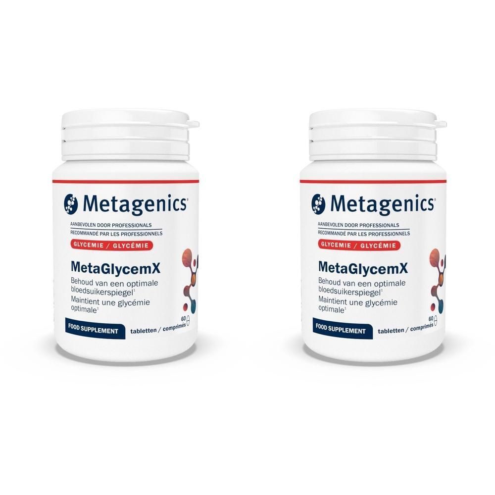 Twee witte flessen met rode en blauwe tekst. Opschrift: MetaGlycemX, tabletten. Merk: Metagenics.