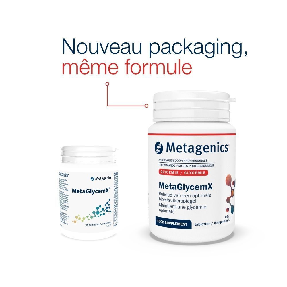 Deux flacons MetaGlycemX. Un petit et un grand. Inscription: MetaGlycemX. Texte: Nouveau packaging, même formule.