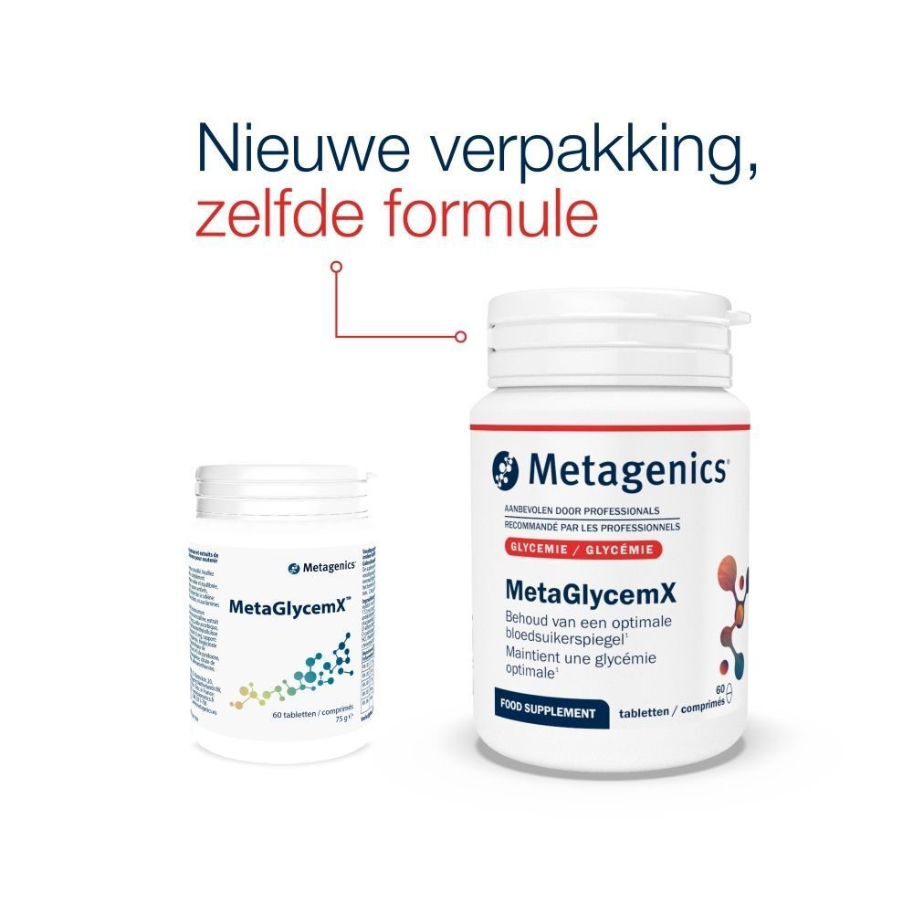 Twee flessen MetaGlycemX. Een kleine en een grote. Opschrift: MetaGlycemX. Tekst: Nieuwe verpakking, zelfde formule.