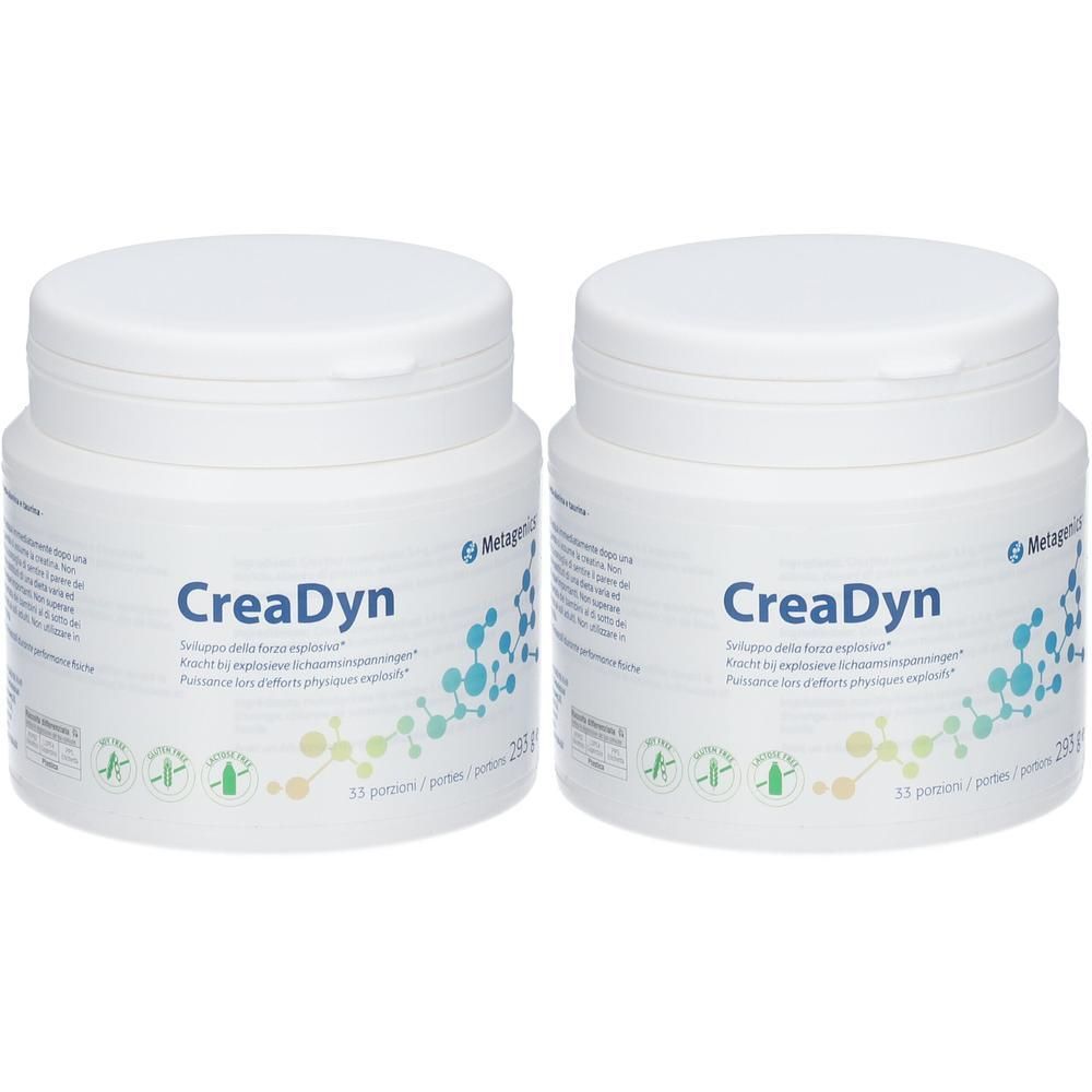 Twee witte CreaDyn potten. Opschrift CreaDyn, 33 porties. Logo's en tekst in verschillende talen. Schroefdeksels.