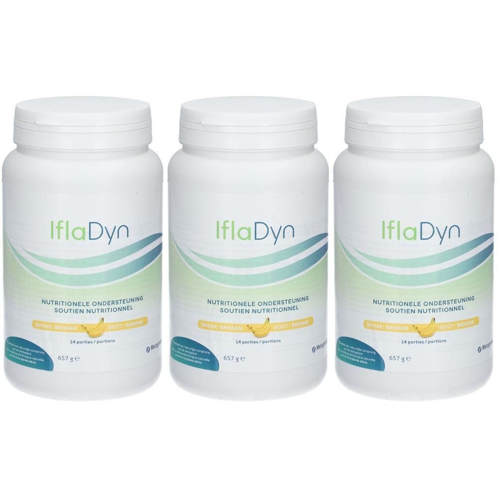 Trois pots blancs avec couvercles. Inscription IflaDyn, texte en néerlandais et français. 14 portions, 657 g.
