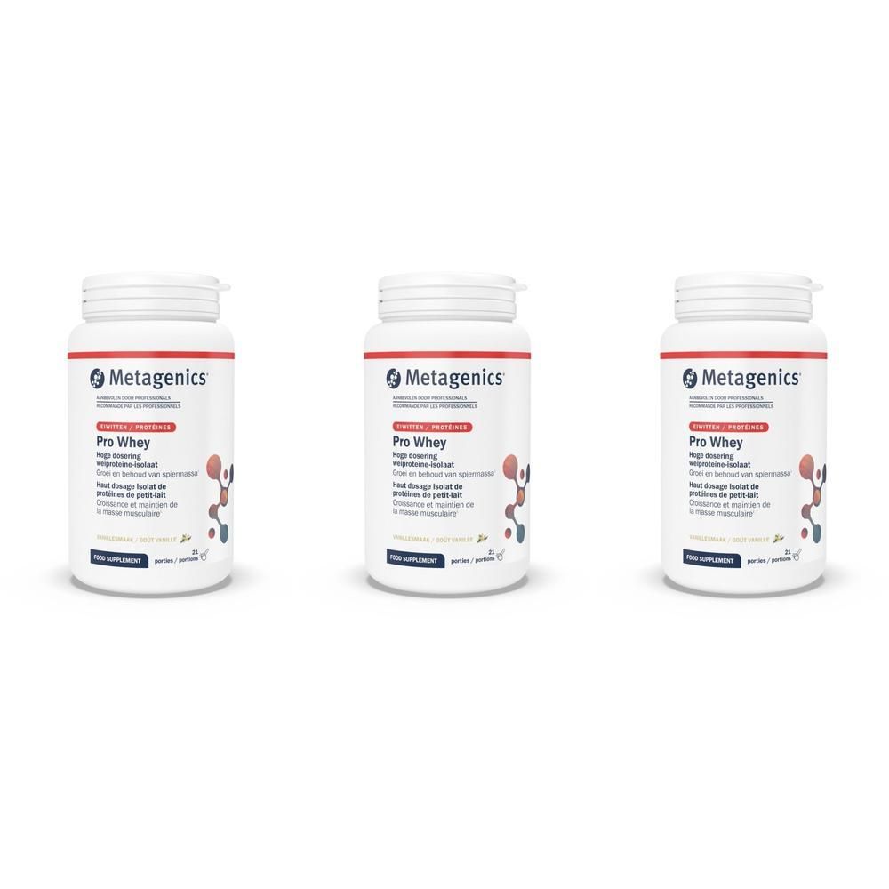 Trois flacons blancs avec étiquettes rouges et bleues. Inscription: Metagenics, Pro Whey.